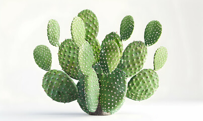 A green prickly pear cactus with many pads, isolated against a white background.