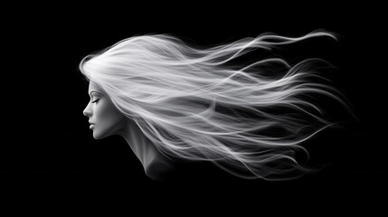 digital drawing of flowing white hair against black background, showcasing elegance and movement. hair appears ethereal and light, creating captivating visual effect