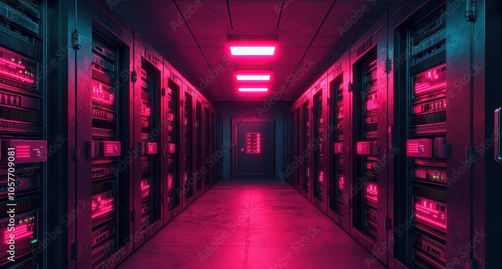 Poster exploring the neon-lit data center a journey through technology and innovation in modern digital inf