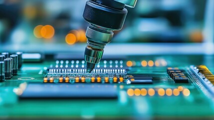 A close-up of a robotic arm soldering components on a green circuit board.