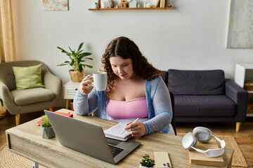 Hard working woman with dark hair working at home.