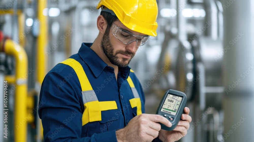 Poster engineer using portable device at refinery