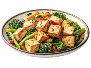 Delicious tofu stir-fry with vegetables on a white isolate background.