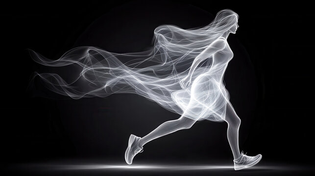 digital drawing of flowing haired figure in motion, embodying grace and energy. ethereal design captures essence of movement and freedom