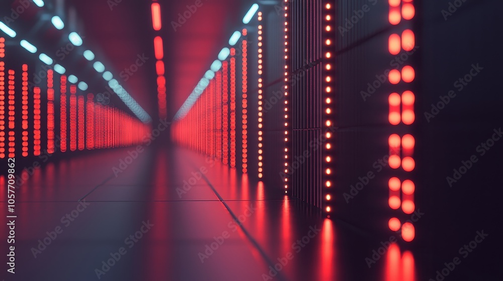 Poster exploring the futuristic depths of technology a journey through a neon-illuminated data center corri