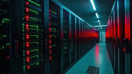 Exploring the future of data management insights from a modern server room illuminated with vibrant led lights