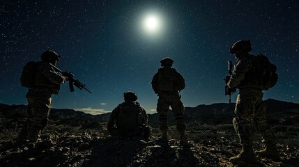 Fototapeta premium Soldiers in Moonlit Desert Night Scene