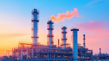 Fototapeta premium Industrial Refinery at Sunset with Smoke Emission