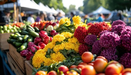 A vibrant display of colorful flowers and fresh produce at a farmer s market