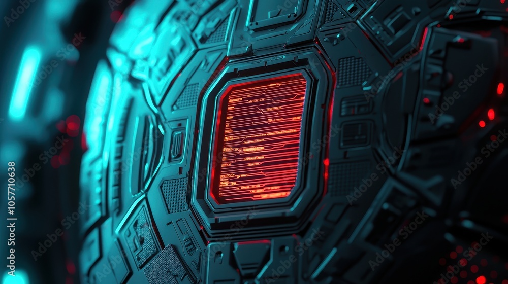 Poster futuristic metallic sphere with a glowing red center surrounded by high-tech patterns and textures i