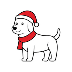 Christmas Dog with Santa Hat Vector Line Art - Festive Holiday Pet Illustration