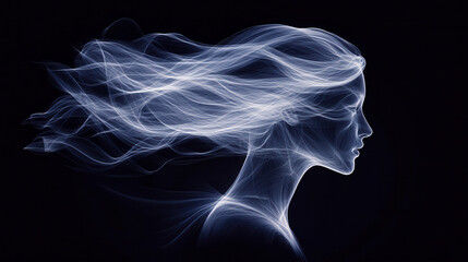 Fototapeta premium white digital drawing of flowing hair, depicting serene profile with ethereal strands. artwork captures sense of movement and tranquility