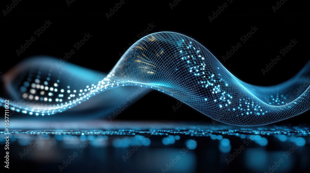 Poster modern abstract wave formed by digital particles, representing technology and innovation. glowing bl