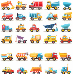 A collection of 25 cartoon illustrations of different types of construction vehicles.
