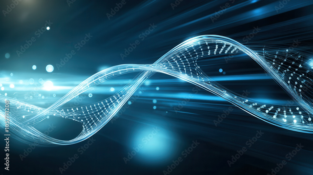 Poster abstract blue wave design with light trails and glowing particles, representing modern technology an