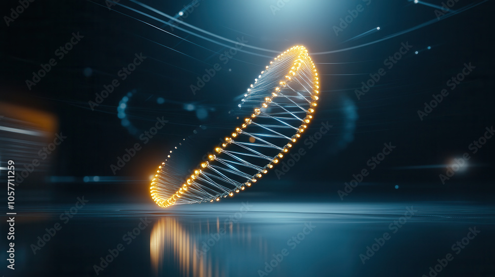Poster modern abstract representation of DNA structure with glowing elements, symbolizing advanced technology and innovation. dynamic motion evokes sense of progress and creativity