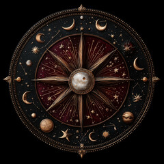 Obraz premium A cosmic mandala with starburst patterns, crescent moons, and planetary shapes creating a celestial, mystical look