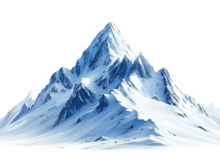 Majestic snow-covered mountain peak, white isolated background.