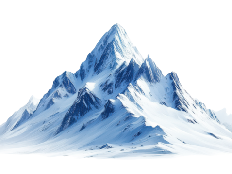 Majestic snow-covered mountain peak, white isolated background.