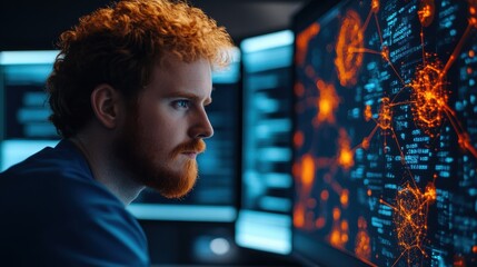 Scientist Working on Computer with Glowing Data Visuals