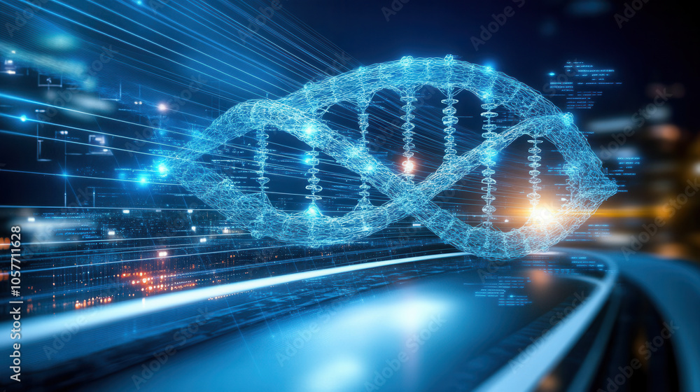 Poster digital representation of dna double helix with glowing lines and data elements, symbolizing genetic
