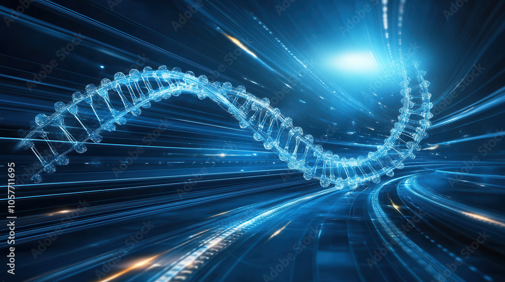 Poster abstract dna structure with modern transportation elements, showcasing dynamic flow of light and ene
