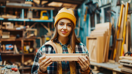 Young woman carpenter holding wooden plank in cozy workshop