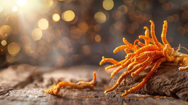 Cordyceps on light backdrop with nutritional benefits.