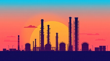 Fototapeta premium Sunset Over Sprawling Oil Refinery Complex