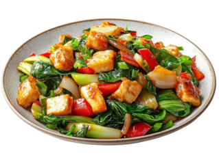 Stir-fried chicken and vegetables on a plate, white isolate background