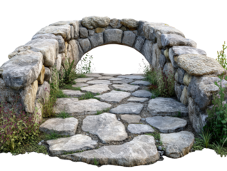 Stone arch bridge with pathway, surrounded by grass, white isolate background