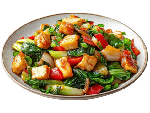 Stir-fried chicken and vegetables on a plate, white isolate background