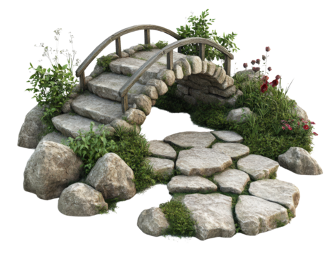 Stone bridge with lush greenery and stepping stones, white isolate background