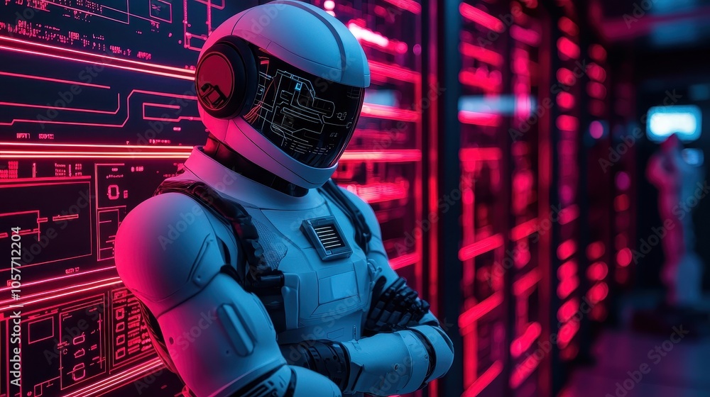 Poster futuristic robot standing against a neon-illuminated data wall in a high-tech environment symbolizin
