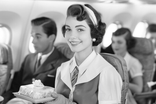 Retro flight attendant serving dessert on vintage airplane with passengers
