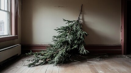 Christmas tree in an empty room after the holidays