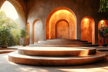 Large room with arched doorways and a stone floor. The room is empty and has a warm, inviting atmosphere