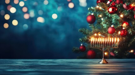 Glowing menorah in front of a decorated Christmas tree, bright and festive
