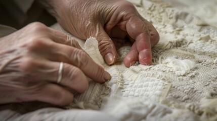 A closeup of a conservators hands meticulously repairing a tear in a delicate textile using techniques and materials appropriate for the fabric type.