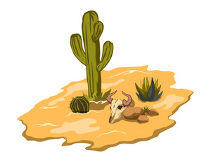Isometric desert scene with cactuses and bull skull. Western isolated landscape. Cartoon mexican valley. Yellow sand dune