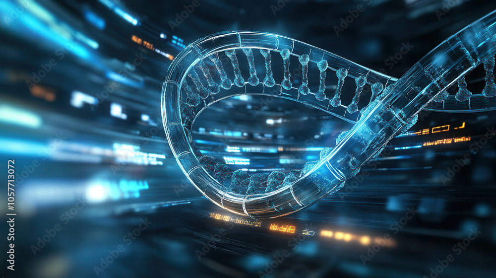Poster digital representation of dna structure forming arch, surrounded by futuristic technology and data s