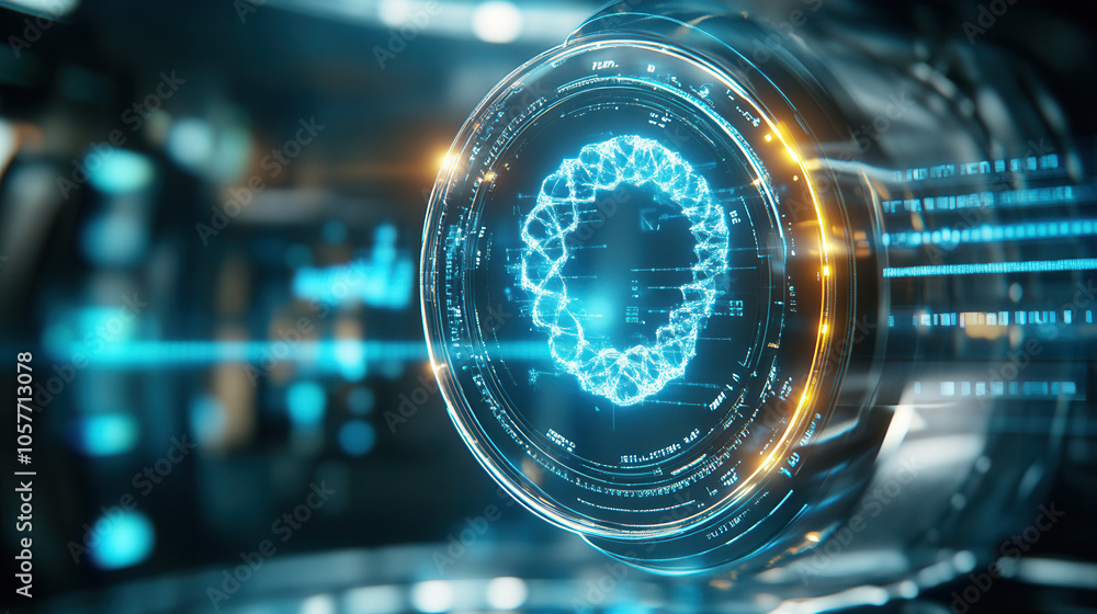 Poster futuristic digital display showcasing glowing dna structure surrounded by technology, symbolizing in