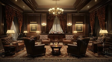 Luxurious Lounge with Leather Armchairs and Mahogany Accents