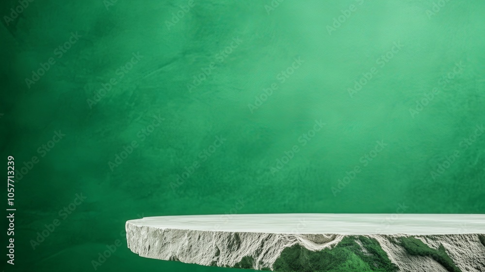 Poster an empty marble table in the foreground and cement stone in the background are illuminated by green 