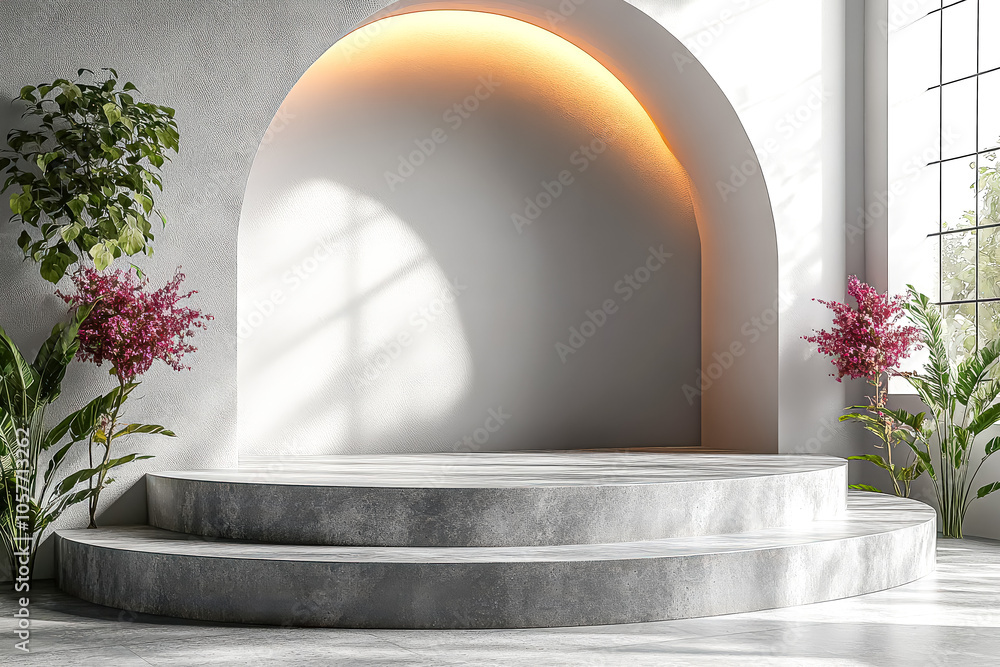 Poster white background with a large white circle in the middle. the circle is surrounded by trees and bush