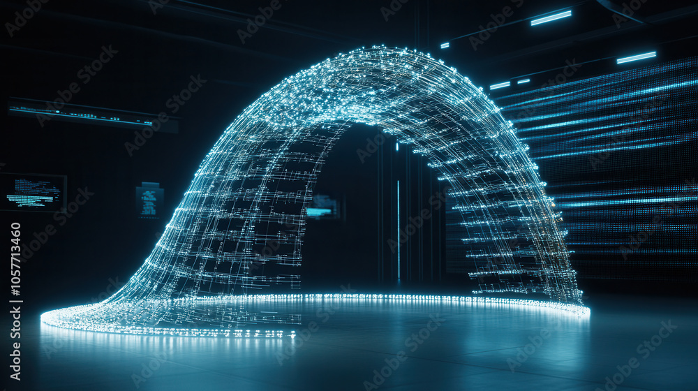 Poster glowing digital arch structure surrounded by technology, representing innovation and modernity. intr