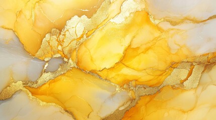 Yellow and gold alcohol ink painting creating abstract fluid art background