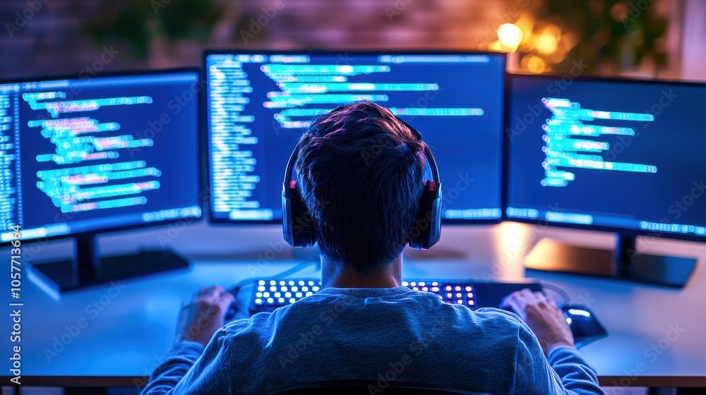 Aufkleber person coding on multiple screens in a dimly lit room, showcasing modern technology and workspace ae