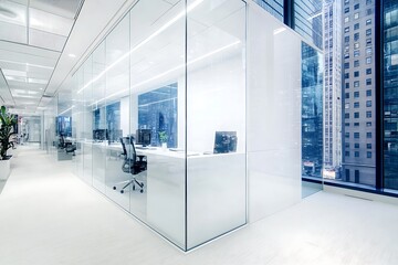 Modern Minimalistic Concrete Coworking Office room with Blank Walls, High Ceilings,and Mockup Frame