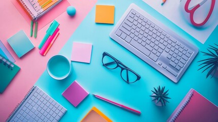 Colorful Office Supplies Arranged on Pastel Background